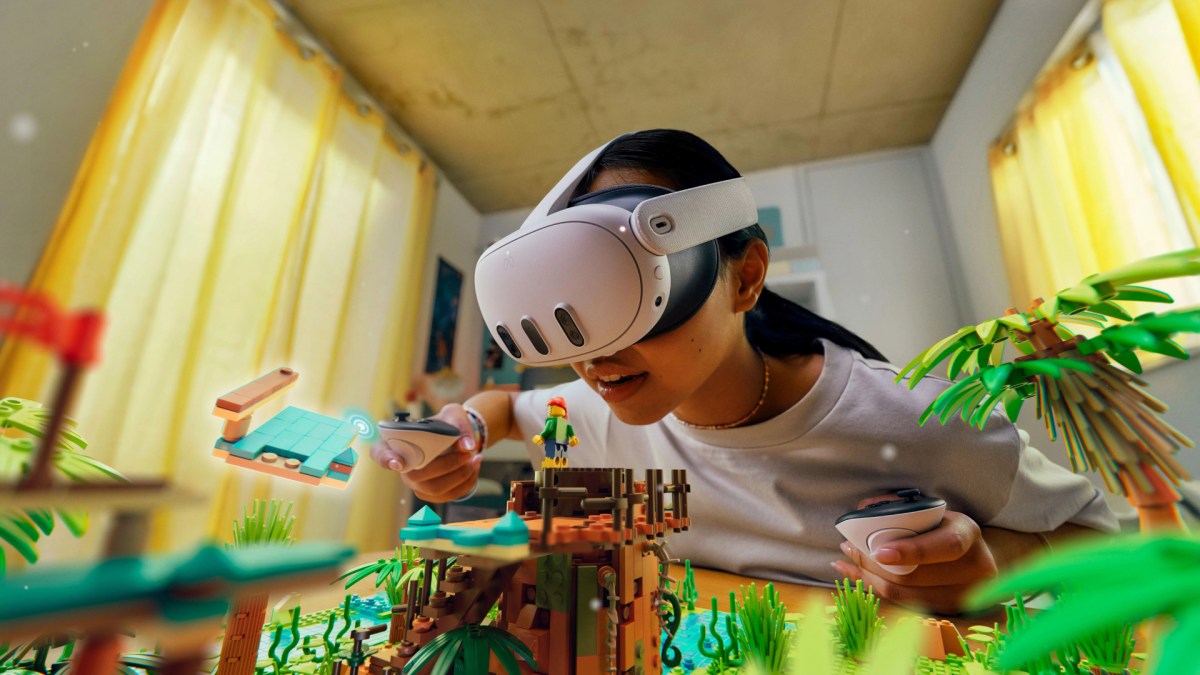 Official Meta photograph of a person using a Meta Quest headset with controllers.