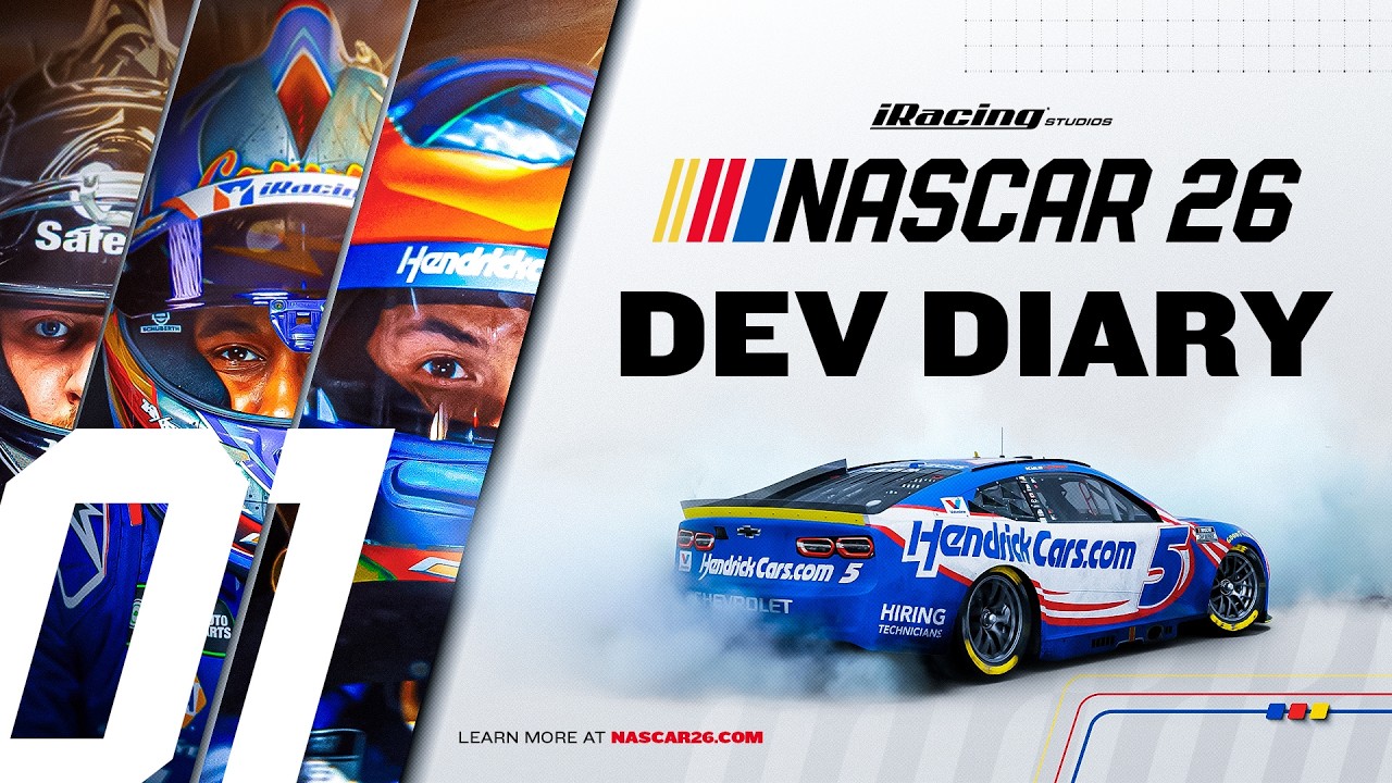 Official NASCAR 26 announcement artwork showing a stock car and the game's development team branding.