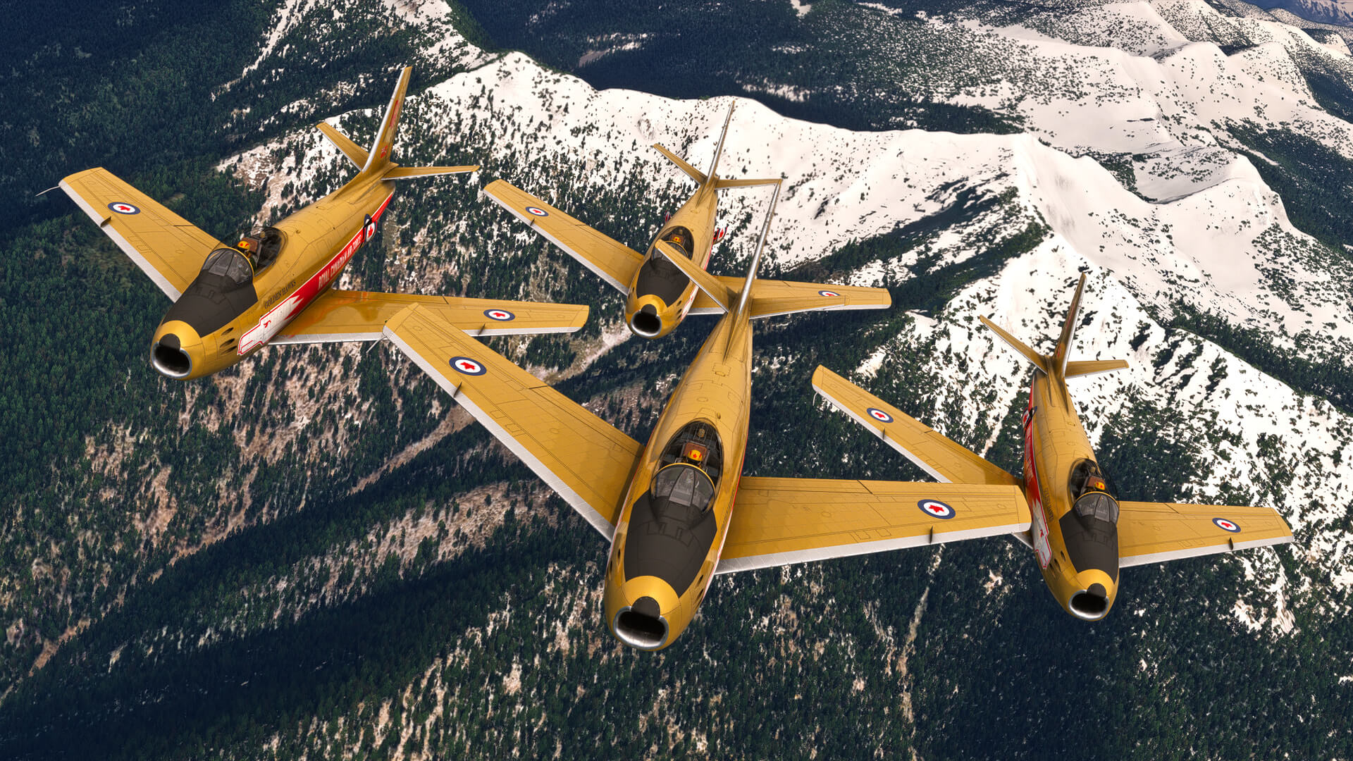 Official Microsoft Flight Simulator screenshot showing a formation of aircraft over snowy mountains.