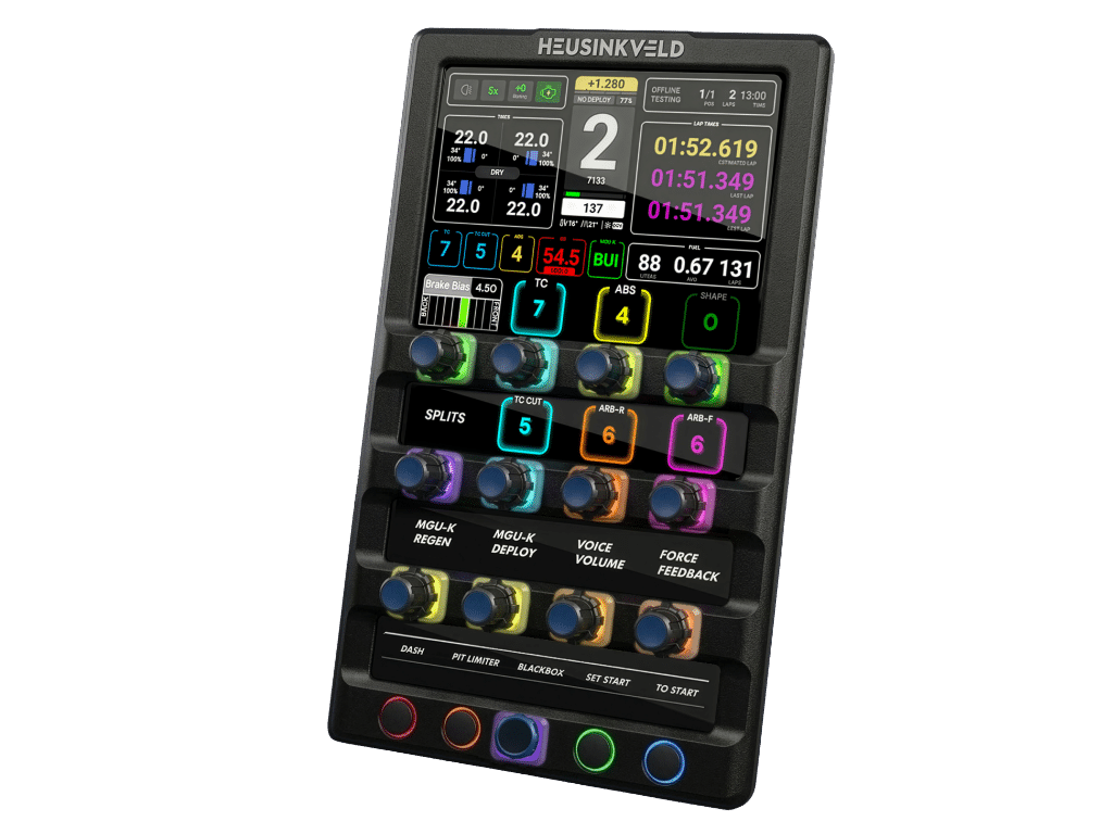 Official Heusinkveld product image showing the DisplayDash touchscreen and configurable controls.