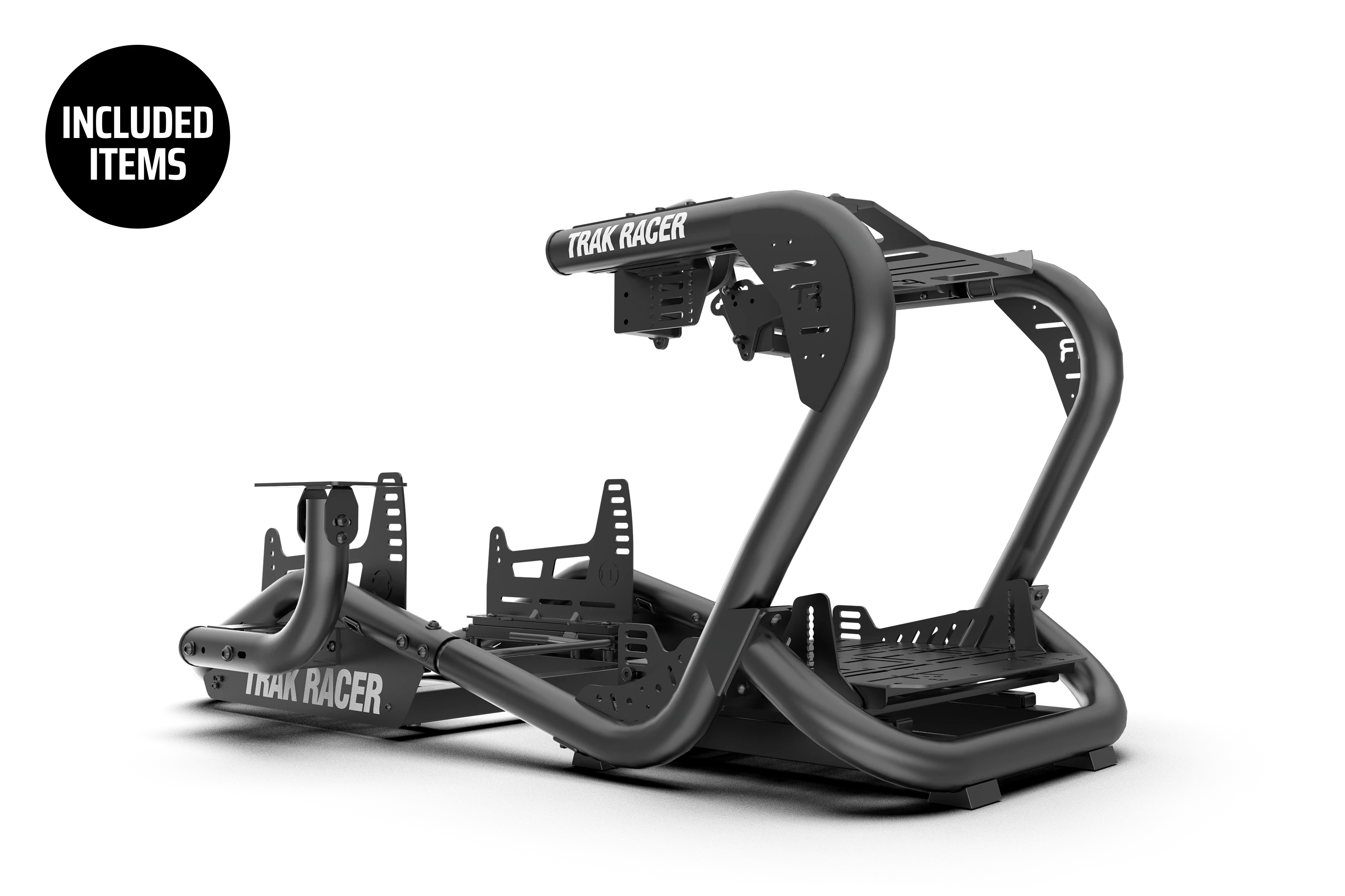 Official Trak Racer product photograph showing a black racing cockpit frame.